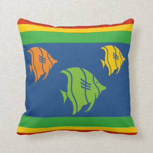 blue, orange, yellow, and Green fish on white Cushion