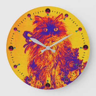 BLUE ORANGE YELLOW KITTY CAT,KITTEN AND ROSES LARGE CLOCK