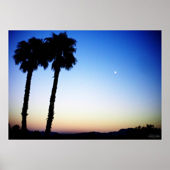 blue orange yellow sunset w/ palm trees poster (Front)