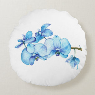 Blue Orchid Botanical Art Round Cushion