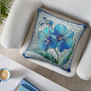 Blue Orchid Flower Mosaic Cushion