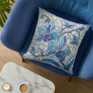 Blue Orchid Flower Mosaic Cushion