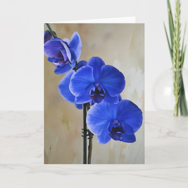 Blue Orchid Flowers Floral Art Note Card (Front)