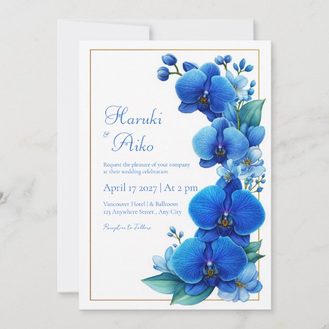 Blue Orchid Gold Geometric Wedding Invitation (Front)