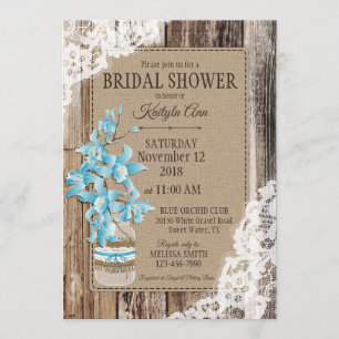 Blue Orchid Wood Lace Rustic Bridal Shower Invitation