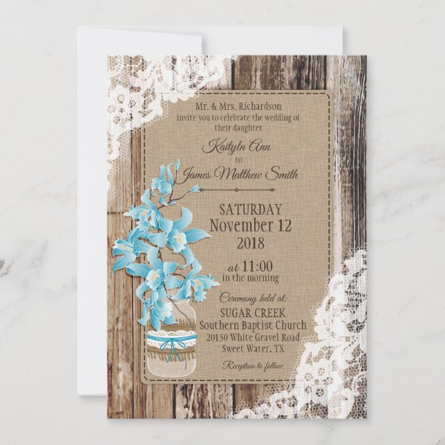 Blue Orchid Wood Lace Rustic Wedding Invitation (Front)