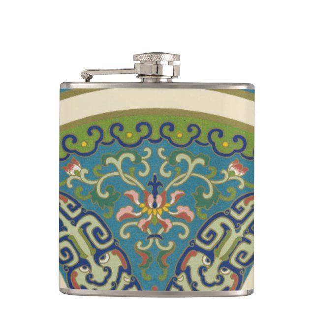 Blue Oriental Designs with Smiling Faces Hip Flask (Front)