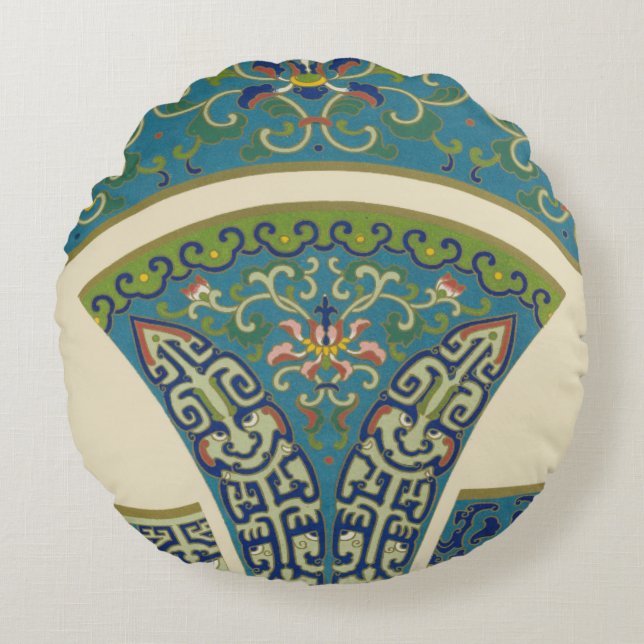 Blue Oriental Designs with Smiling Faces Round Cushion (Front)