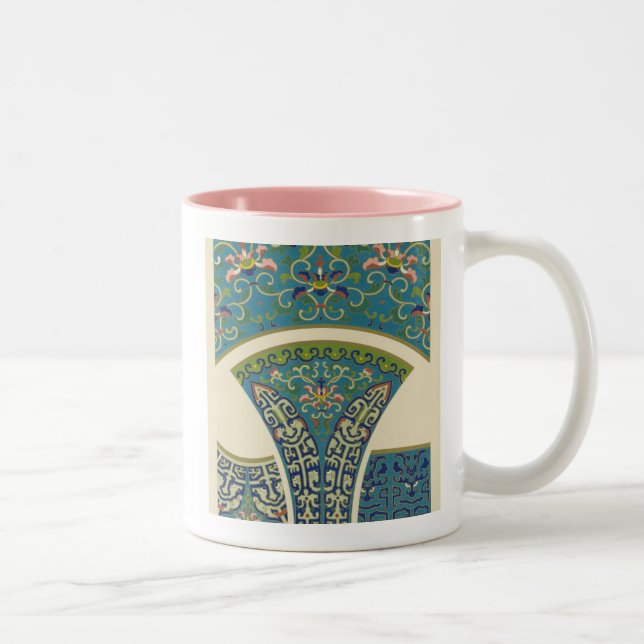 Blue Oriental Designs with Smiling Faces Two-Tone Coffee Mug (Right)