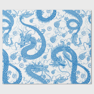 Blue Oriental Dragon Wrapping Paper