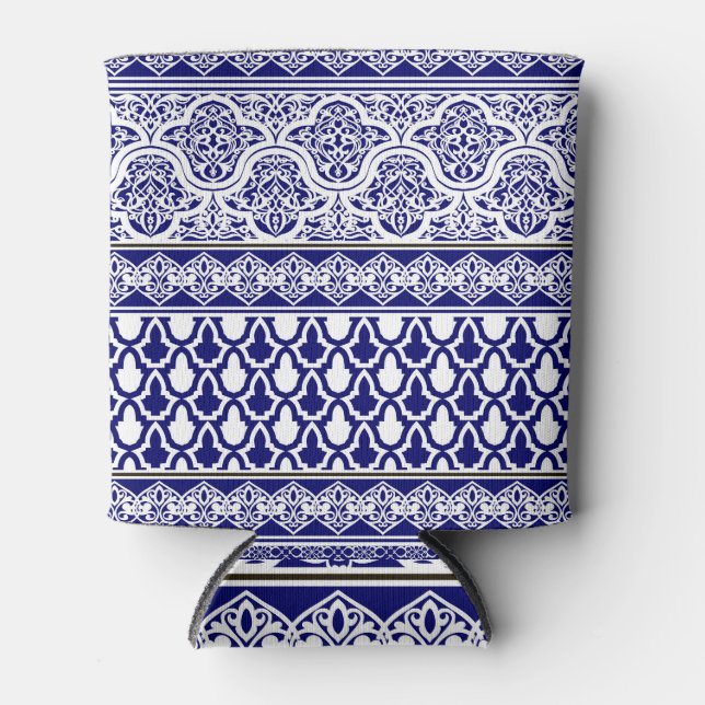 Blue Oriental Elegance: Filigree Patchwork Set Can Cooler (Front)