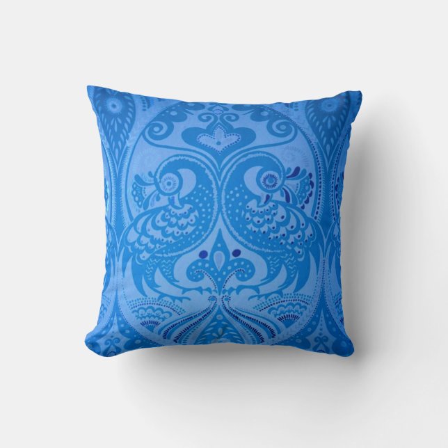 Blue Oriental Peacock Birds Cushion (Front)