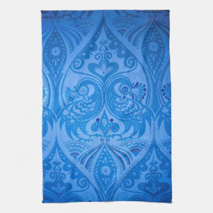Blue Oriental Peacock Birds Tea Towel