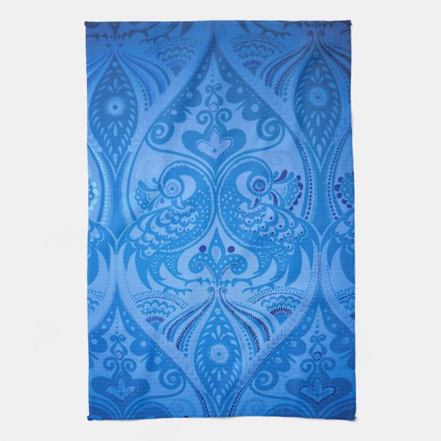 Blue Oriental Peacock Birds Tea Towel (Vertical)