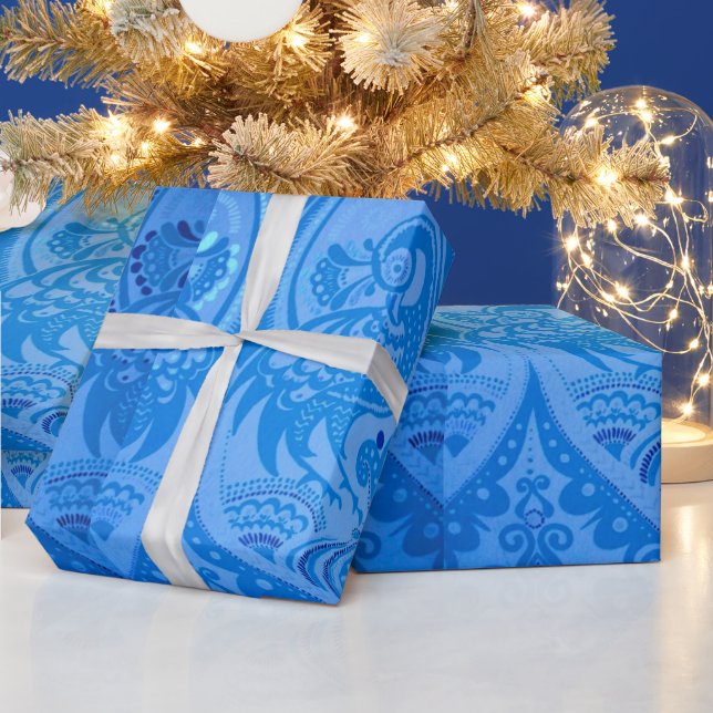 Blue Oriental Peacock Birds Wrapping Paper (Holidays)