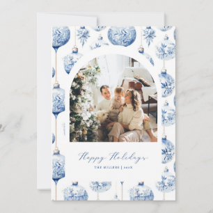Blue Ornament Arch Photo Holiday Christmas Card 