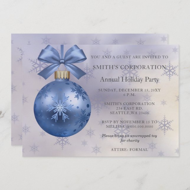 Blue Ornament Elegant Corporate Holiday Party Invitation (Front/Back)