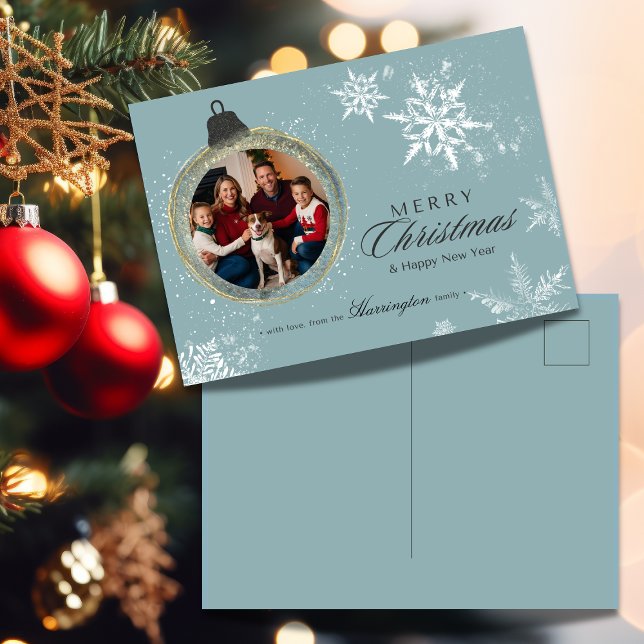 Blue Ornament Family Christmas Photo Snowflake Holiday Postcard (Creator Uploaded)
