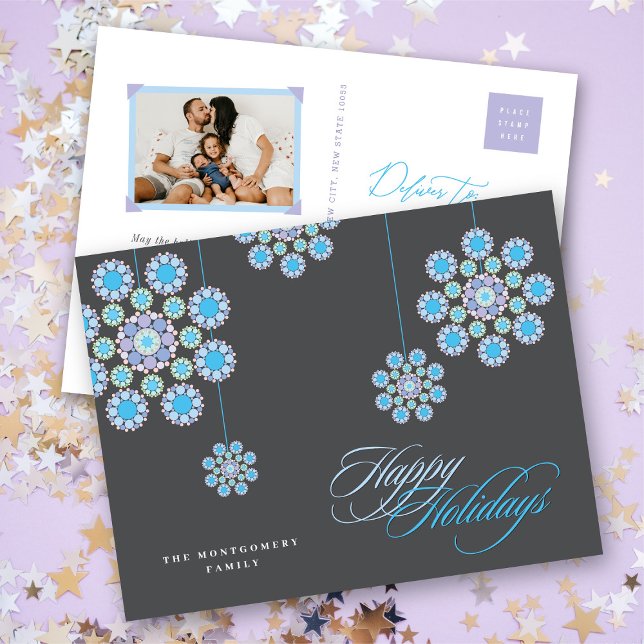 Blue Ornaments Christmas Flowers Holiday Postcard (Elegant Blue Ornamental Christmas Flowers Modern Holiday Postcard @ fat_fa_tin)