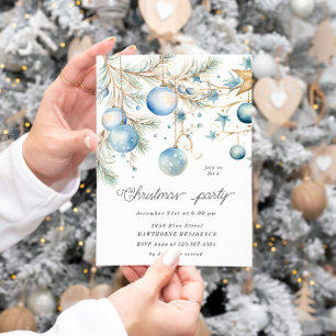 Blue Ornaments Christmas Party Invitation
