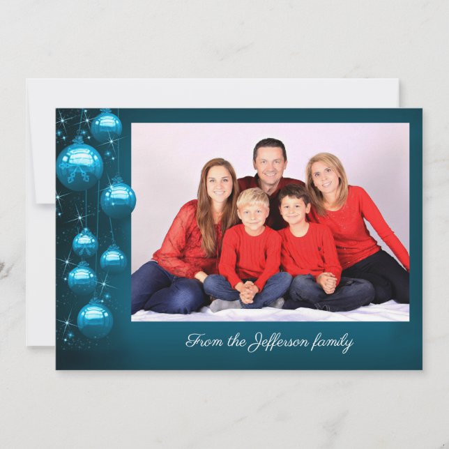 Blue Ornaments with Photo and Personal message Holiday Card (Front)