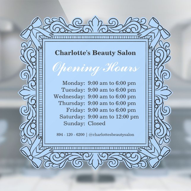 Blue Ornate Bow Frame Opening Hours Window Cling (Blue Ornate Bow Frame Opening Hours Window Cling)