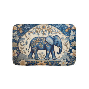 Blue Ornate Elephant Vintage Floral Bath Mat