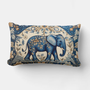 Blue Ornate Elephant Vintage Floral Lumbar Cushion
