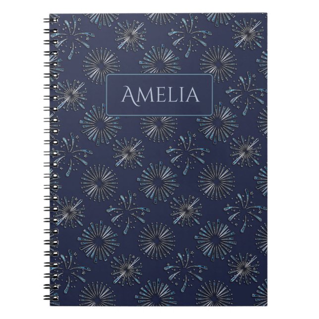 Blue Ornate Firework Pattern Personalised Elegant Notebook (Front)