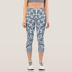 Blue Ornate Floral Arabic Pattern Capri Leggings