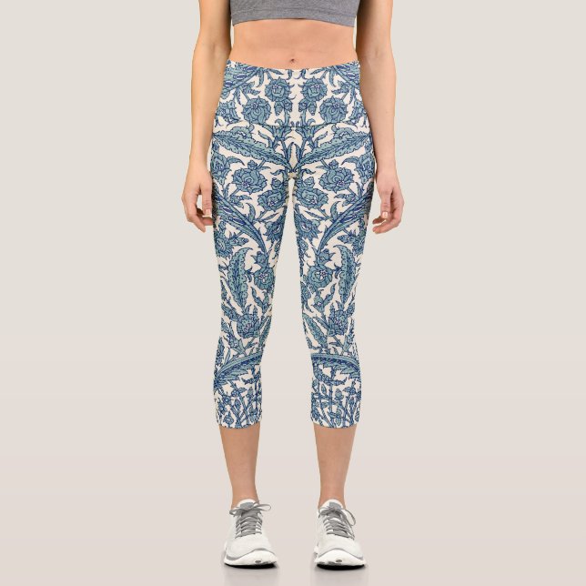 Blue Ornate Floral Arabic Pattern Capri Leggings (Front)