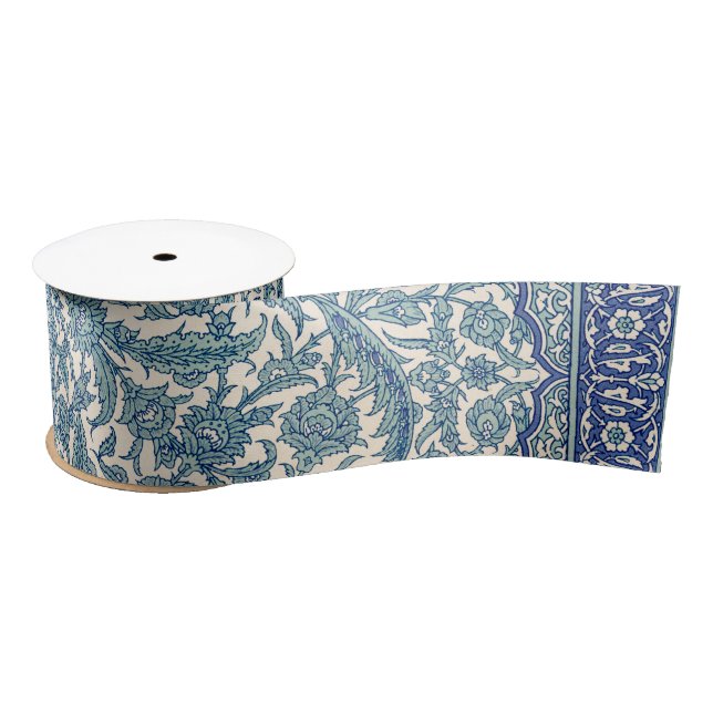 Blue Ornate Floral Arabic Pattern Satin Ribbon (Spool)