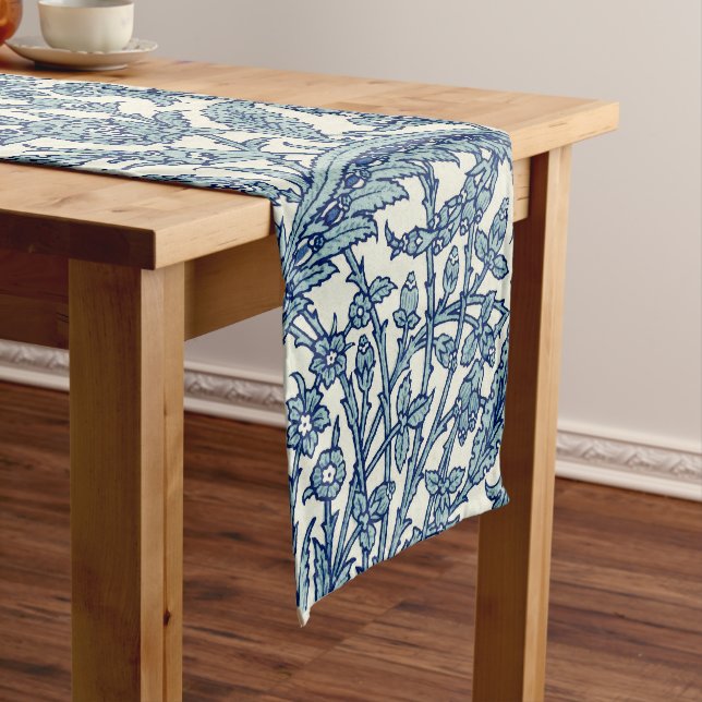 Blue Ornate Floral Arabic Pattern Short Table Runner (In Situ)