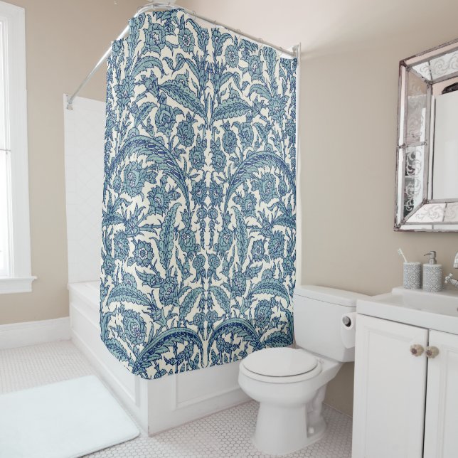 Blue Ornate Floral Arabic Pattern Shower Curtain (In Situ)