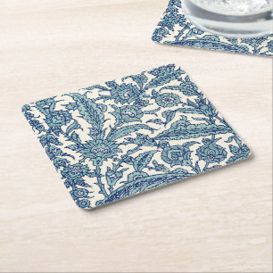 Blue Ornate Floral Arabic Pattern Square Paper Coaster