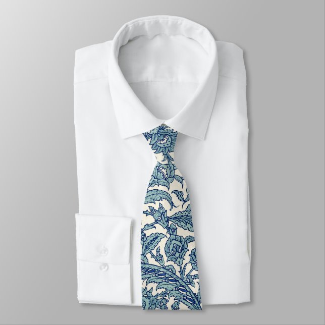 Blue Ornate Floral Arabic Pattern Tie (Tied)