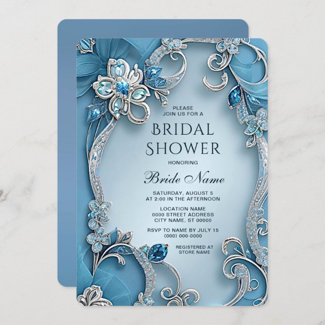 Blue Ornate Floral Bridal Shower Invitation (Front/Back)