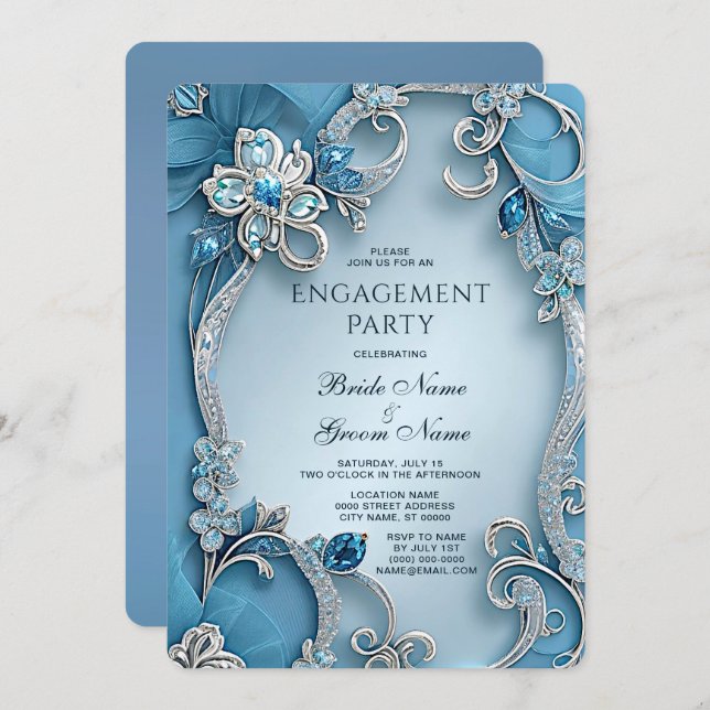 Blue Ornate Floral Engagement Invitation (Front/Back)