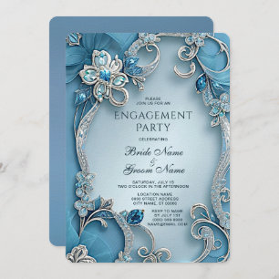 Blue Ornate Floral Engagement Invitation