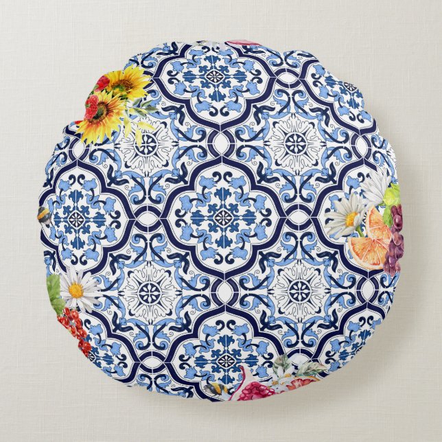 Blue Ornate Floral Fruity Berries Sicilian Tiles Round Cushion (Front)
