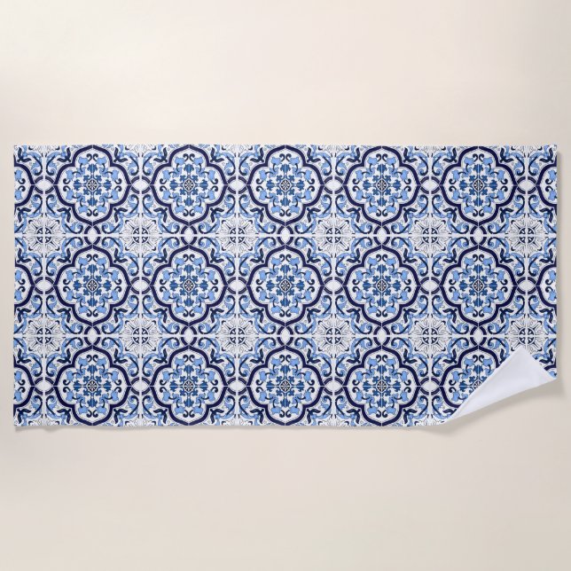  Blue Ornate Floral Mediterranean Sicilian Tile Beach Towel (Front)
