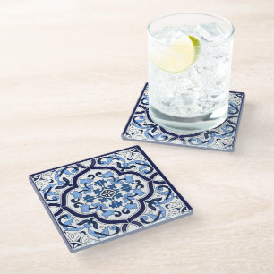 Blue Ornate Floral Mediterranean Sicilian Tile Glass Coaster