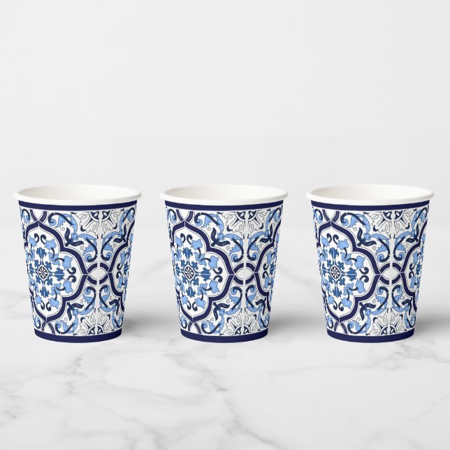  Blue Ornate Floral Mediterranean Sicilian Tile Paper Cups (Multi)