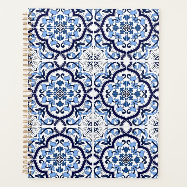  Blue Ornate Floral Mediterranean Sicilian Tile Planner (Front)