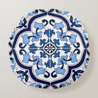 Blue Ornate Floral Mediterranean Sicilian Tile Round Cushion