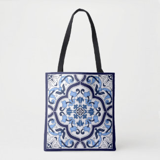 Blue Ornate Floral Mediterranean Sicilian Tile Tote Bag