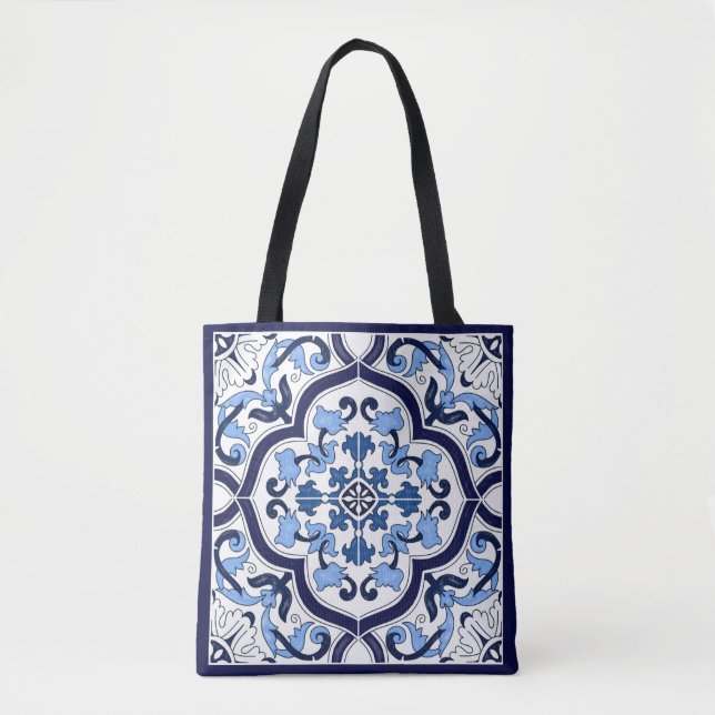 Blue Ornate Floral Mediterranean Sicilian Tile Tote Bag (Front)
