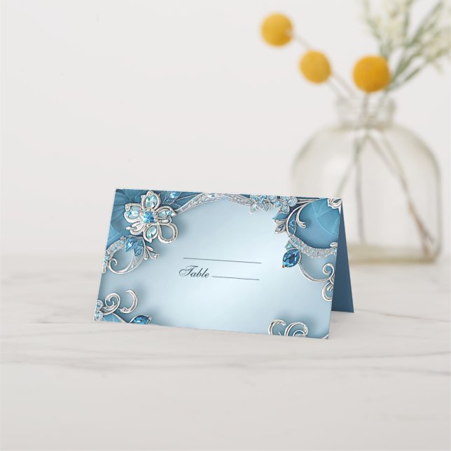 Blue Ornate Floral Place Card (Front)