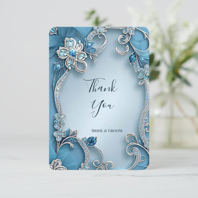 Blue Ornate Floral Thank You Card (Standing Front)
