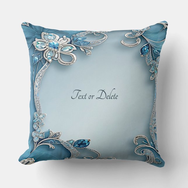 Blue Ornate Floral Throw Pillow (Front)